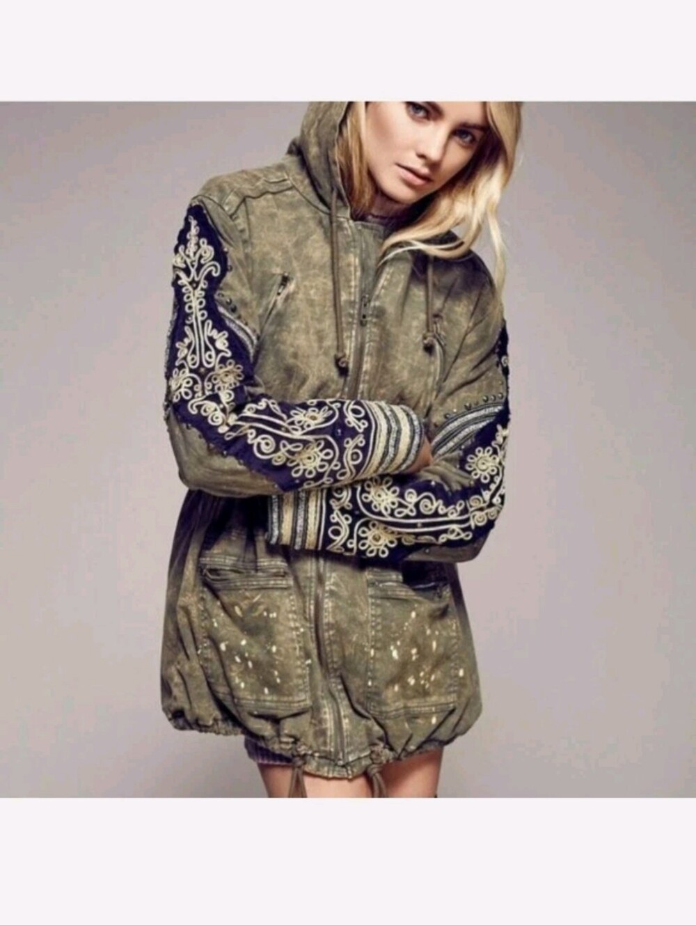 Free People Golden Quills Embellished Military Jacket XS
